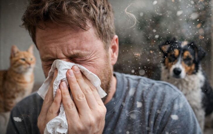 Alergik, který kýchá kvůli svému psovi a kočce.