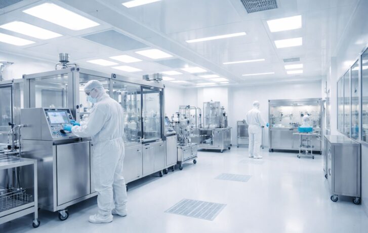 Lidé pracující v laboratoři ve sterilním prostředí.